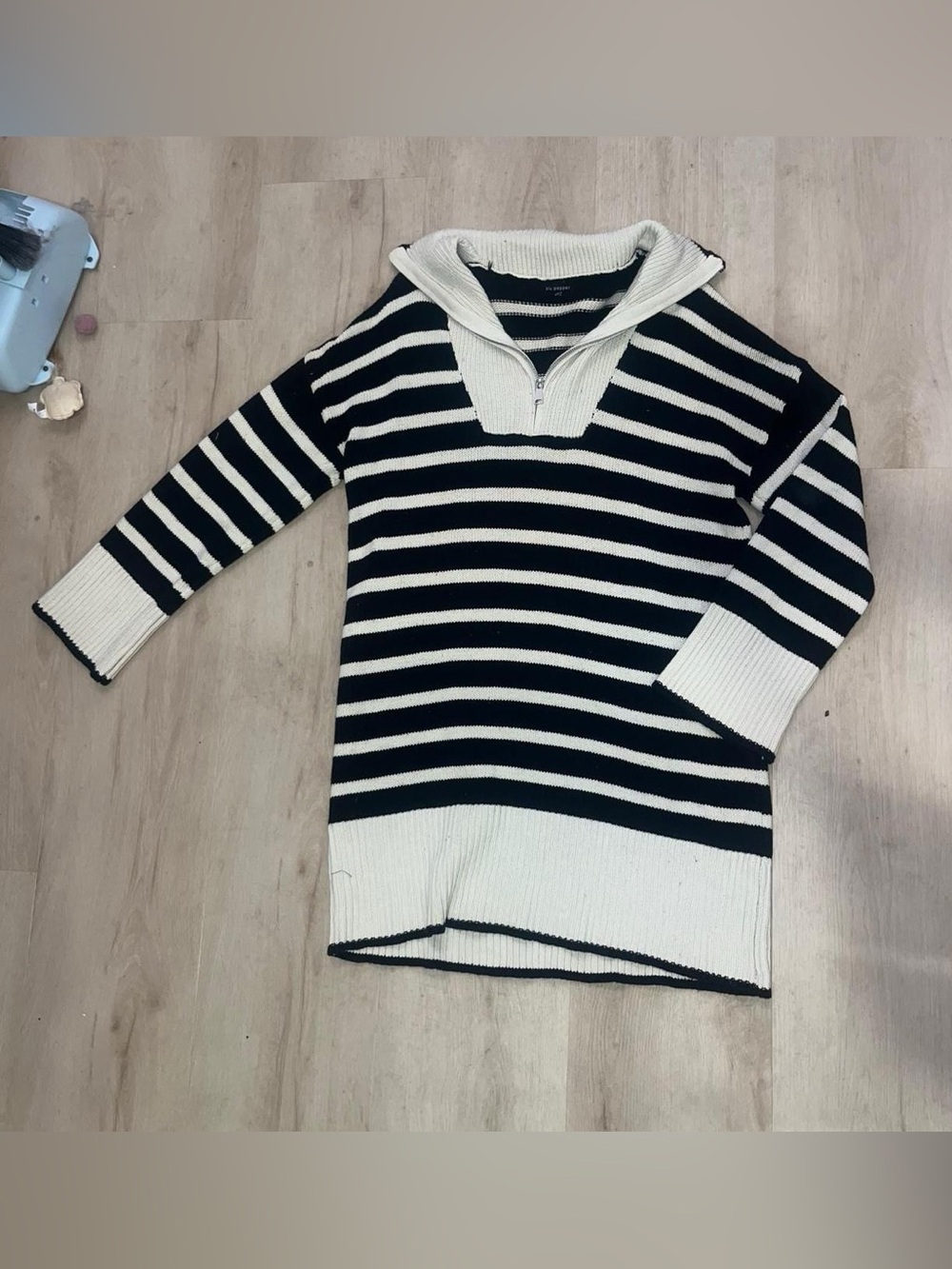 Blu Pepper Black and White Striped Zip-Neck Sweater